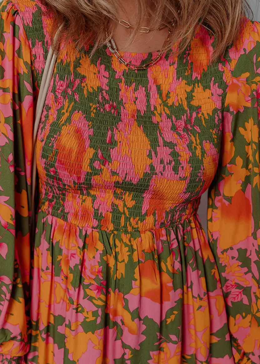 Floral Smocked Puff Sleeve Ruffled Long Dress
