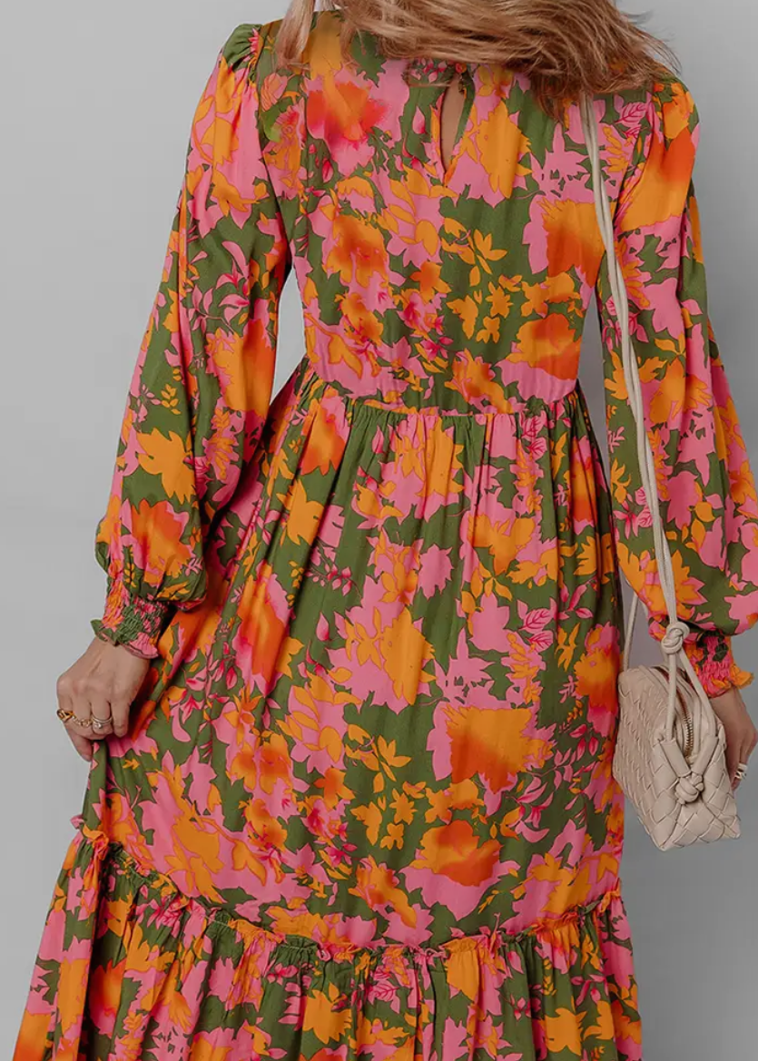 Floral Smocked Puff Sleeve Ruffled Long Dress