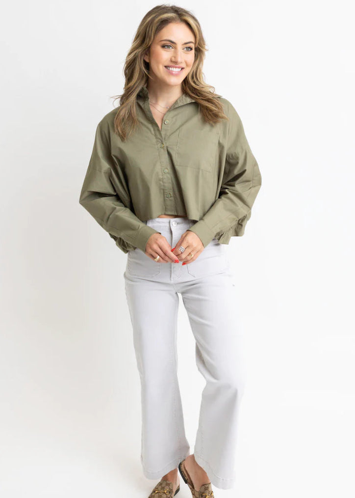Solid Poplin Ruffle Back Button Top