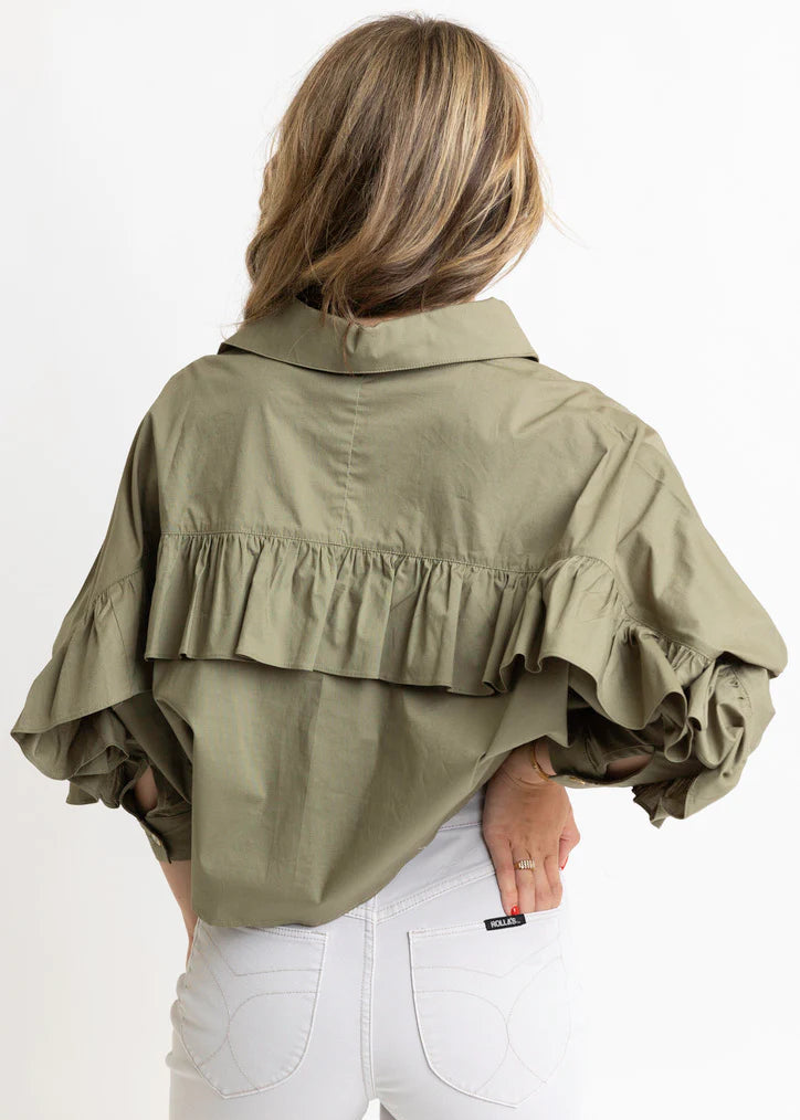Solid Poplin Ruffle Back Button Top
