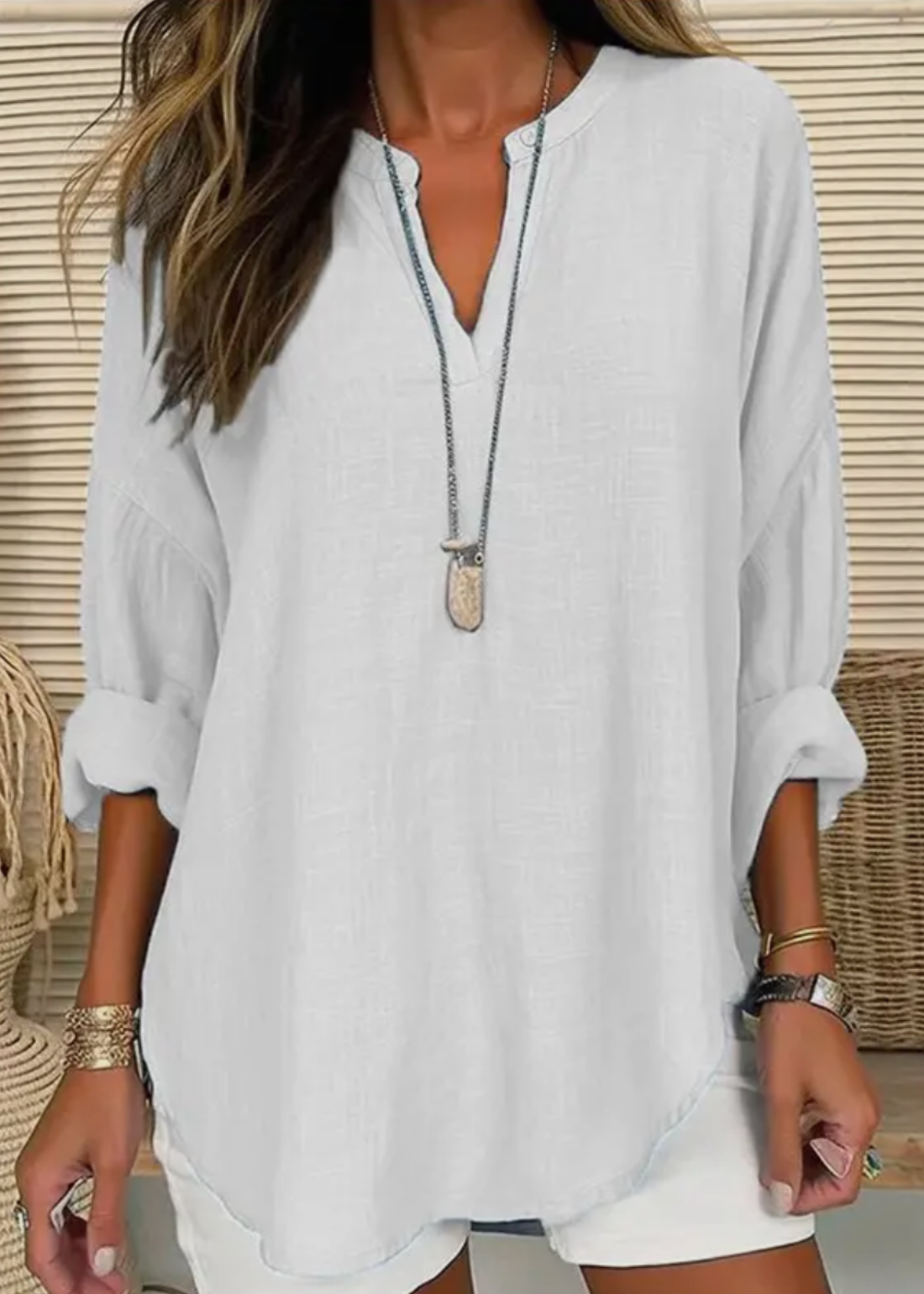 White Blouse Linen Long Sleeve Casual V Neck Top