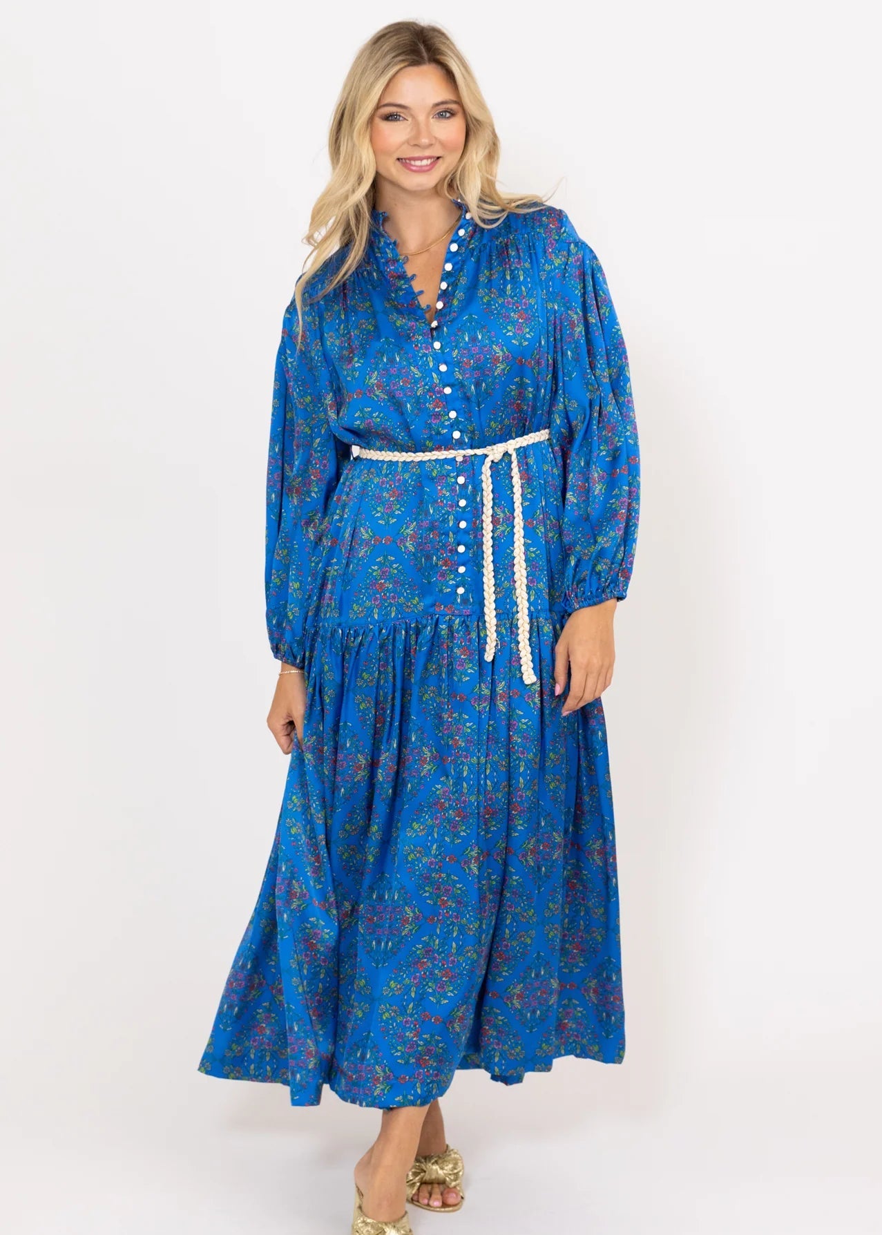 Floral Satin Maxi Dress with Tie