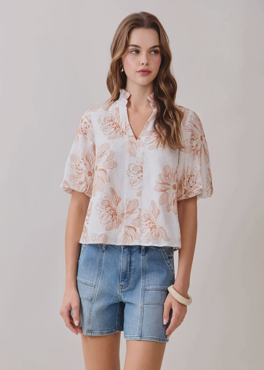 Floral Ruffle Split Top - Cream