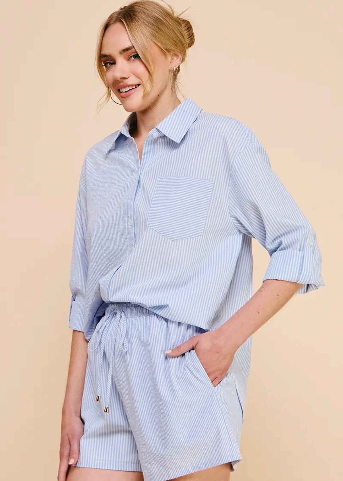 Twin Stripe Cotton Blend Shorts-blue