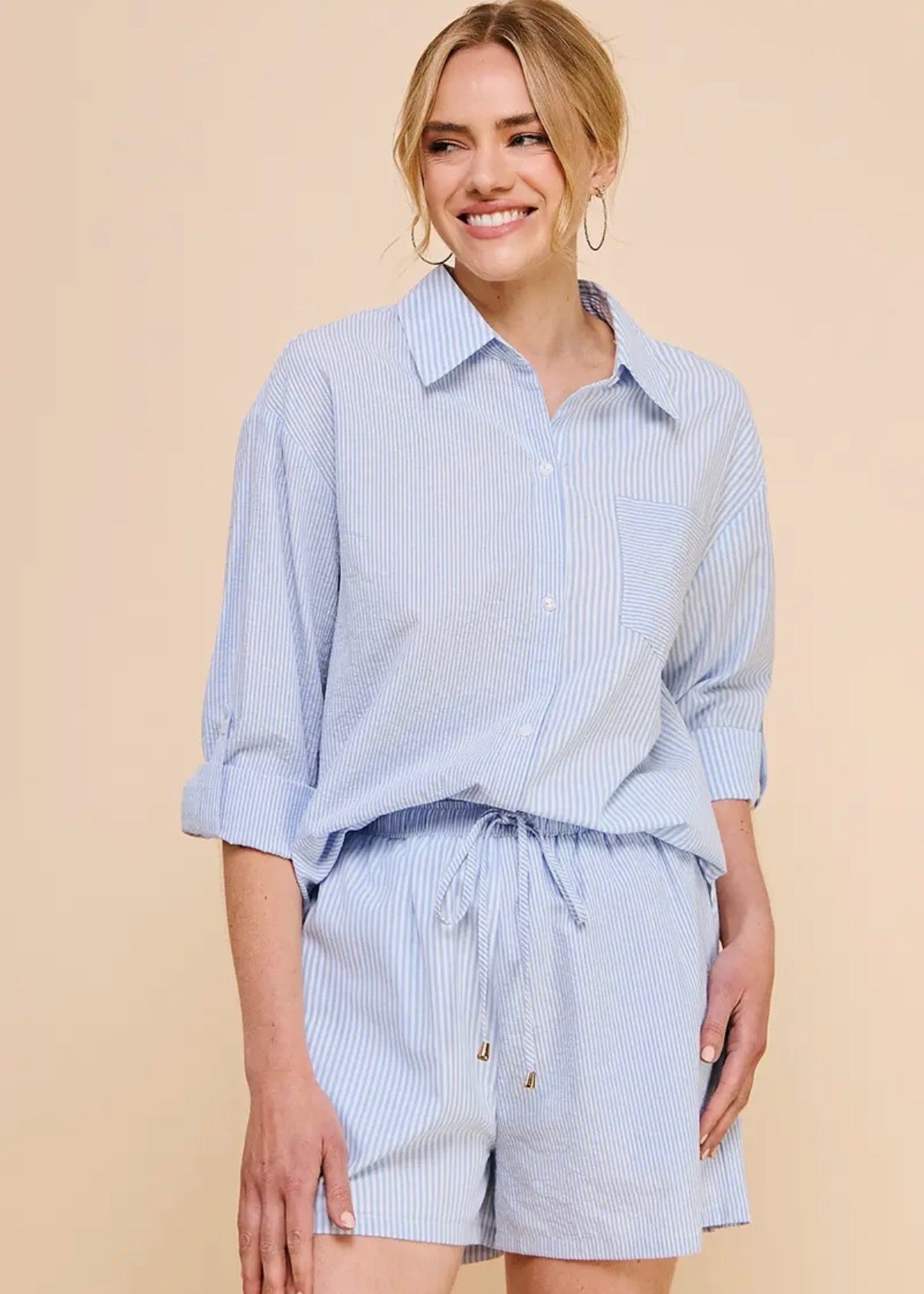 Twin Stripe Cotton Blend Button Up-Blue
