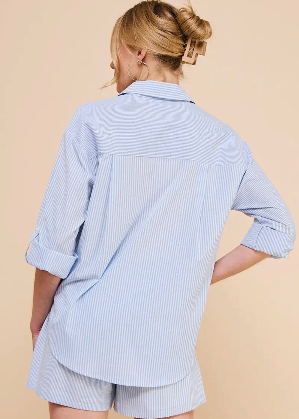 Twin Stripe Cotton Blend Button Up-Blue