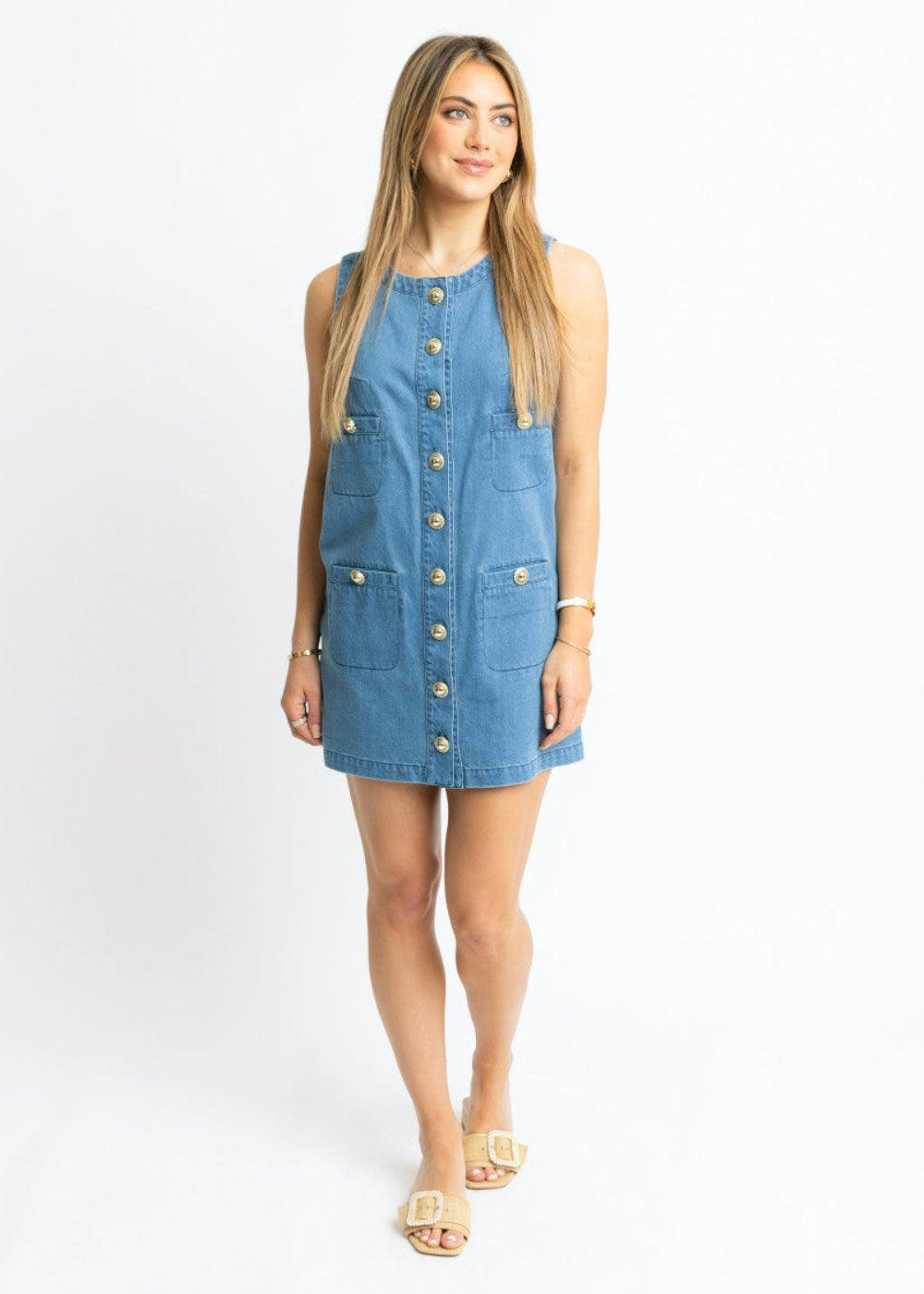 Denim Pocket Gold Button Dress|133
