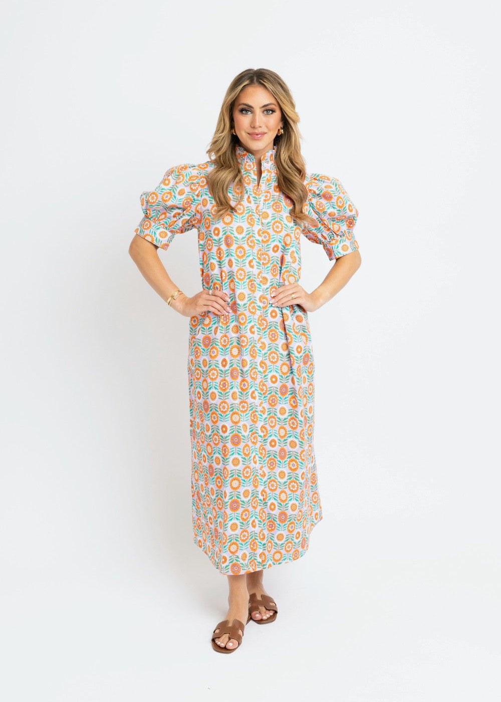 Floral Ruffle Neck Button Shirt Maxi Dress|147