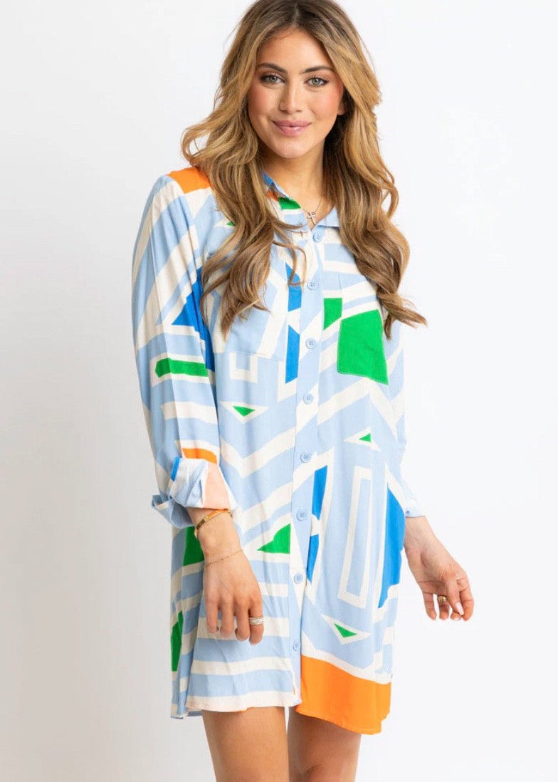 Multi Geometric Pocket Shirt Dress|61