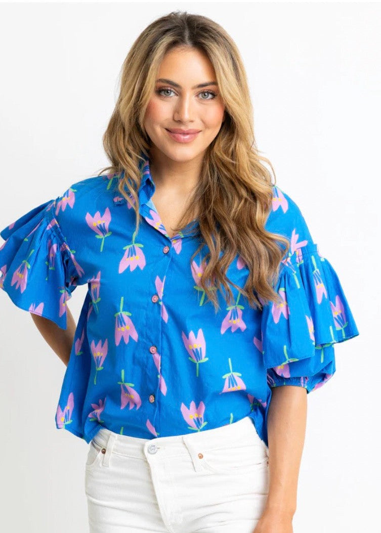 Poppy Ruffle Sleeve Top-Blue|42