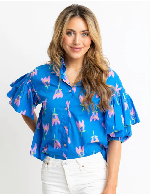 Poppy Ruffle Sleeve Top-Blue|42